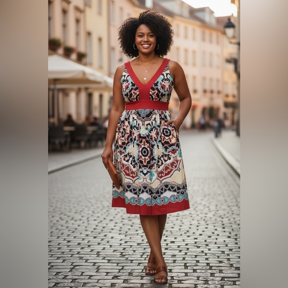 Floral V-Neck Dress with Tie at Back. Knee Length, Size 14. NWT